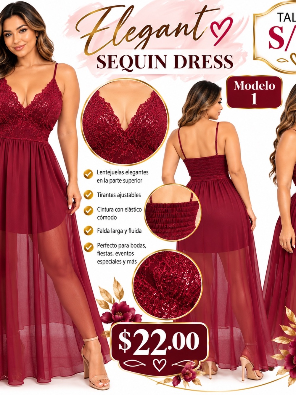 Sequin Lace Maxi Dress — Burgundy